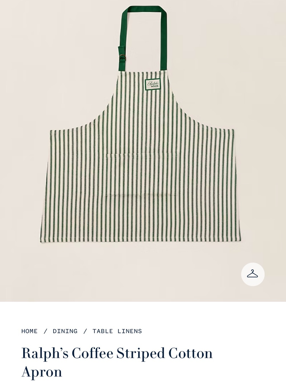 Ralph Lauren Green and White Striped Cotton Apron NEVER WORN * NWT *